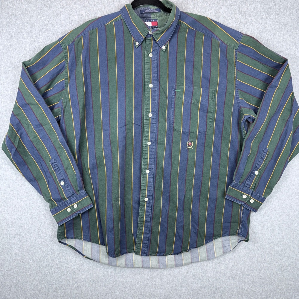 Tommy Hilfiger Button Up Shirt Men XL Green Striped 90s Vintage Preppy Academic